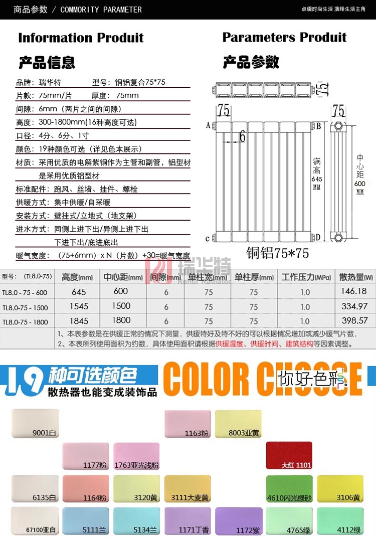 7575-1500銅鋁復合散熱器_平面單罩銅鋁暖氣_銅鋁復合暖氣片好嗎-瑞華特暖氣片